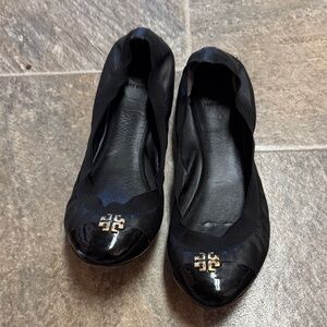 Tory Burch Black Leather Flats with Gold Logo